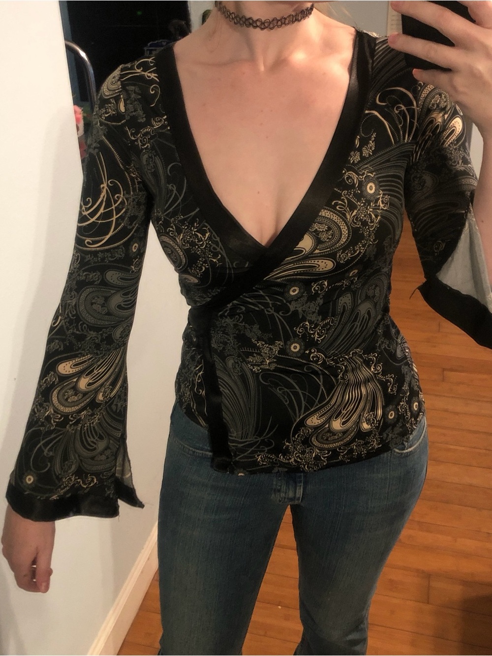 Charlotte Russe Black and cream Paisley Wrap Top with bell sleeves